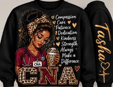 CNA sweatshirt design with illustrated nurse, leopard print accents and gold lettering