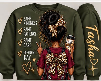 CNA sweatshirt design with nurse illustration from behind and kindness message