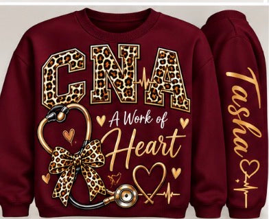 Personalized CNA sweatshirt/hoodie design in black with gold leopard-print heart
