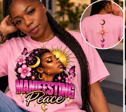 Manifesting Peace design reference; image shows a pink T-shirt, not a sweatshirt