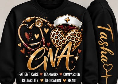 Personalized CNA sweatshirt/hoodie design in black with gold leopard-print heart
