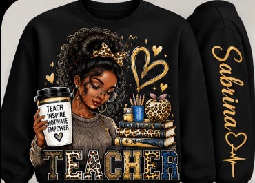 Black personalized teacher sweatshirt with illustrated teacher, books, coffee cup, gold hearts and TEACHER lettering; customizable sleeve name